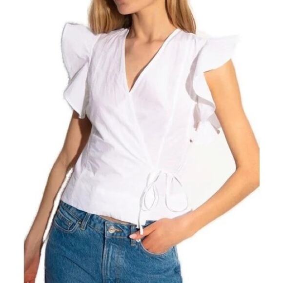 GANNI White V-Neck Ruffled Wrap Top Women's Size XS - Picture 1 of 9